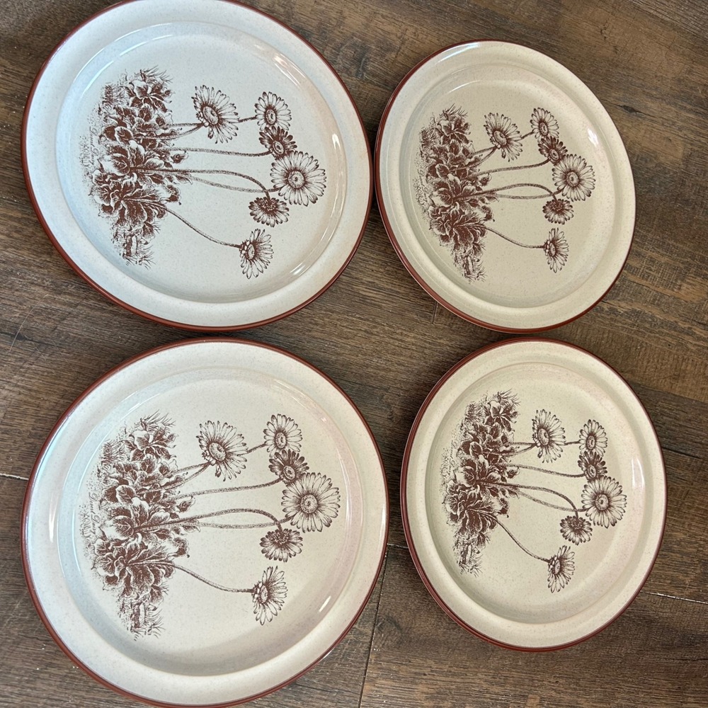 Noritake Desert Flowers Stoneware Salad Plates Set of 4 Brown Daisy S 321 Japan
